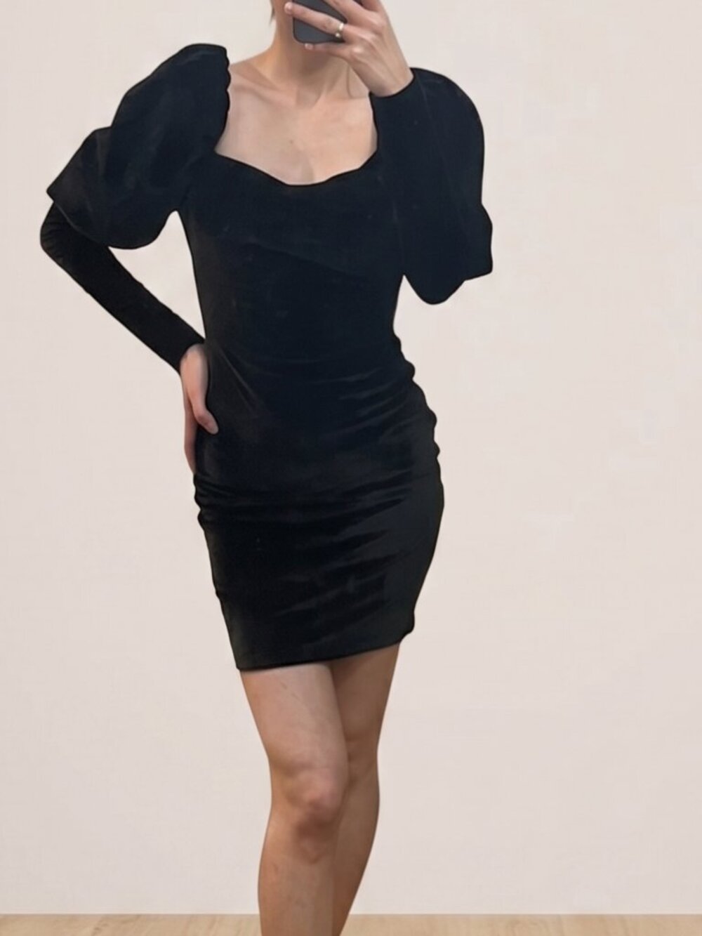 Black Velvet Puff Sleeve Bodycon Mini Dress Size Small